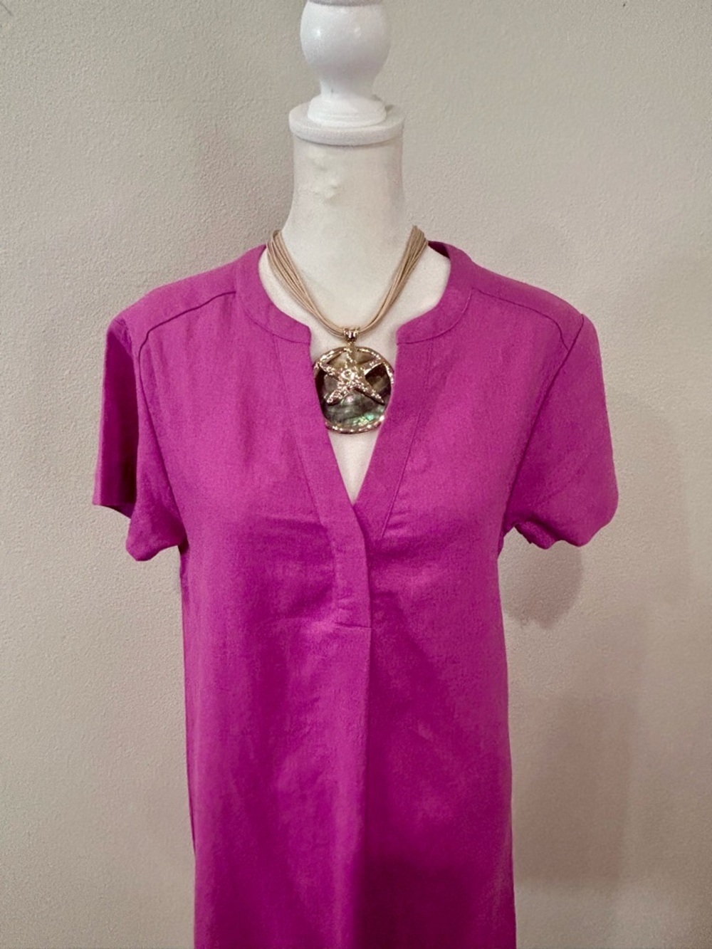 🩷”Anko” NWT Chic Fuchsia Linen Blend Short Sleeve Midi V-Neck Shirt Dress - Picture 3 of 10